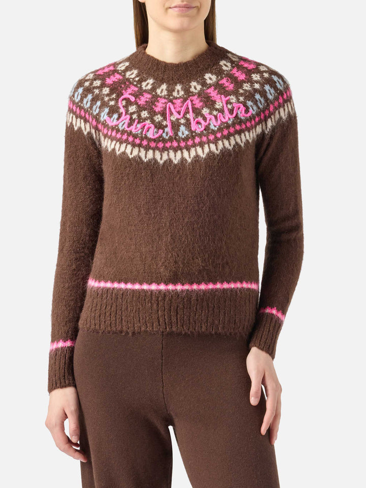 Brauner Pullover Queen Nordic Soft mit Fair-Isle-Jacquard und Sun Moritz-Stickerei