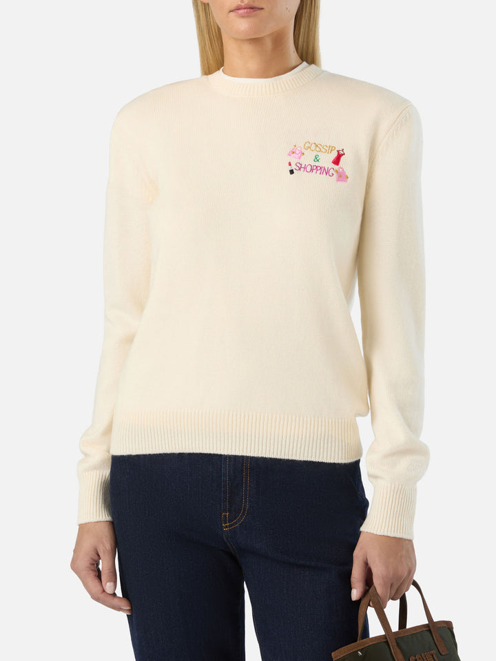 Off white New Queen wool and cashmere blend crewneck with Gossip & Shopping embroidery