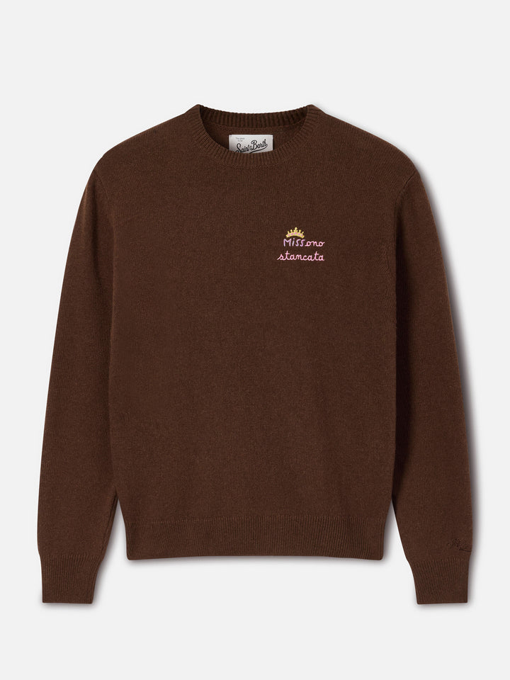 Brown New Queen wool and cashmere blend crewneck with Miss Sono Stancata embroidery