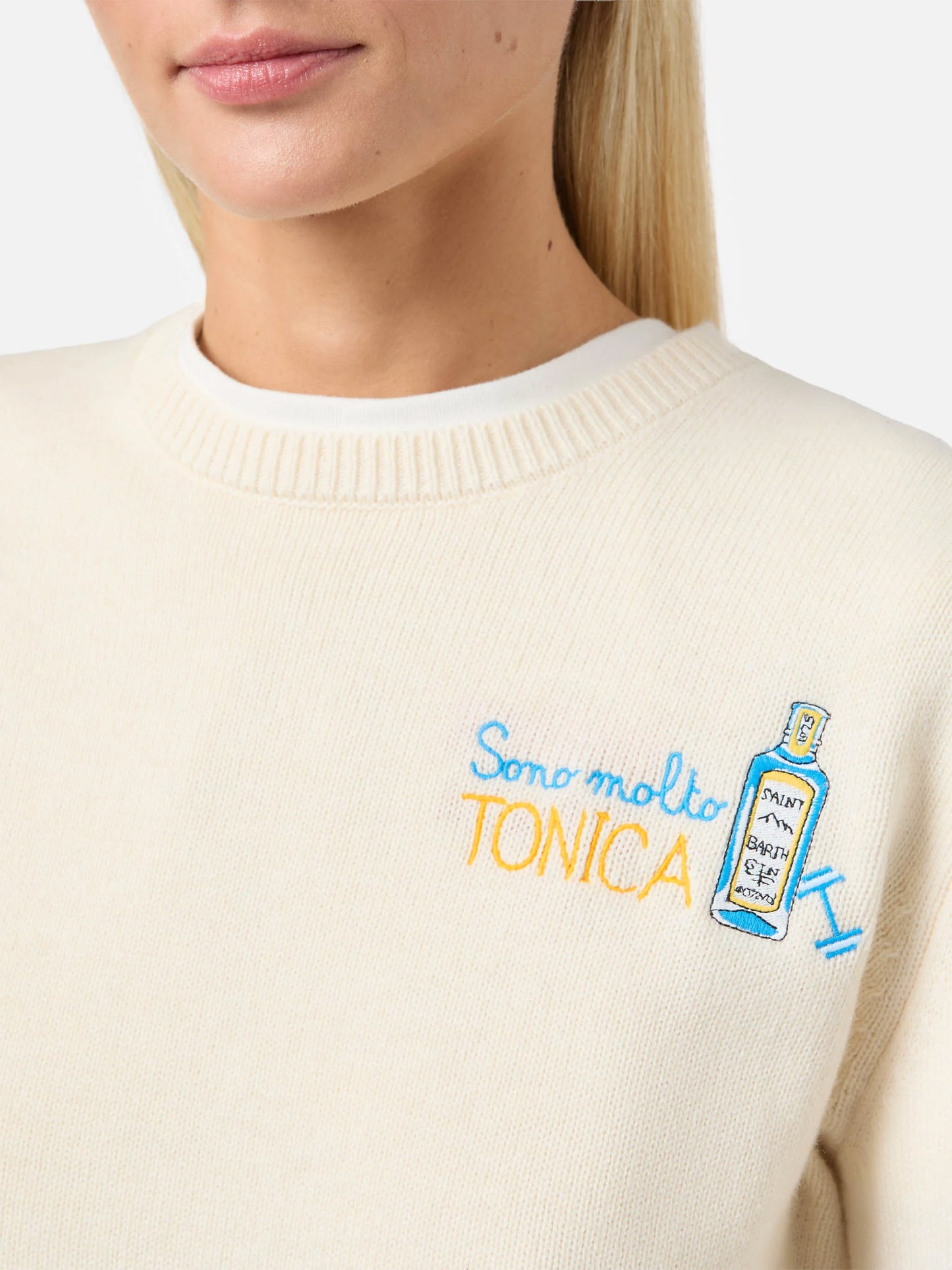 New Queen-Pullover aus Kaschmirmischung in Weiß mit Sono molto tonica-Stickerei