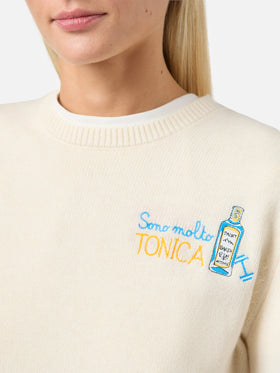 New Queen-Pullover aus Kaschmirmischung in Weiß mit Sono molto tonica-Stickerei