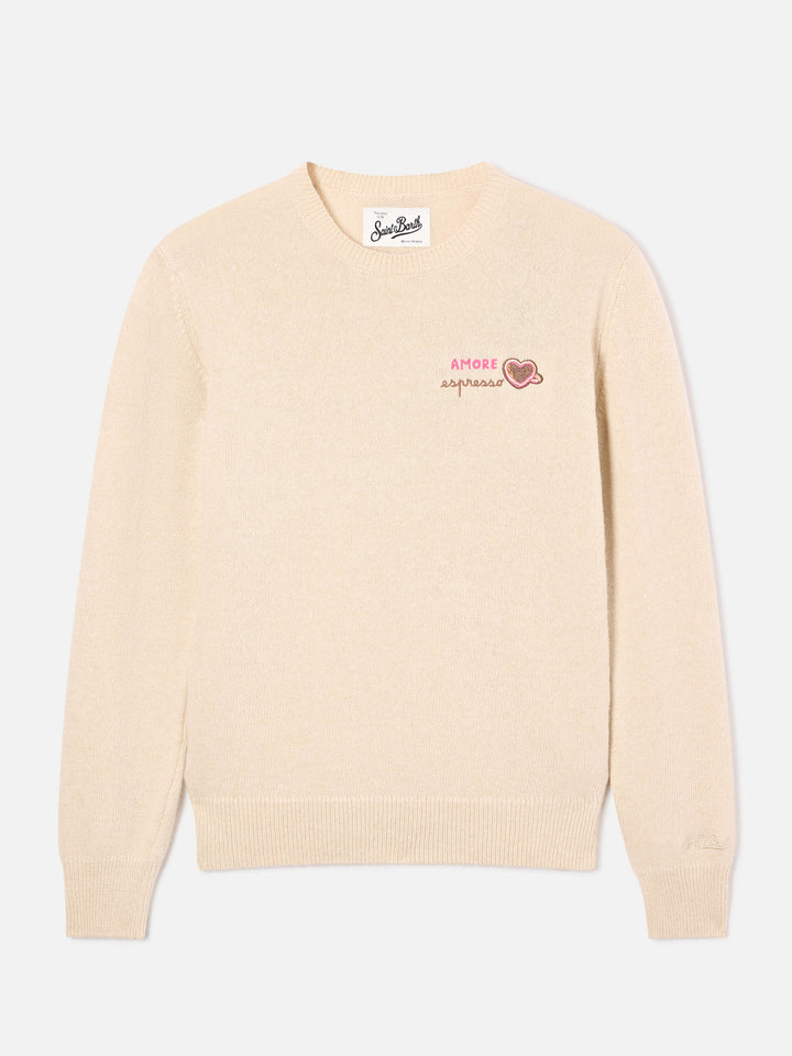 Maglia girocollo New Queen grano in misto lana e cashmere con ricamo Amore Espresso