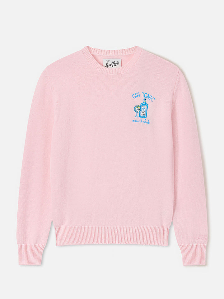 Rosa Queen Rundhalspullover aus Woll- und Kaschmirmischung mit Gin Tonic Social Club-Stickerei 