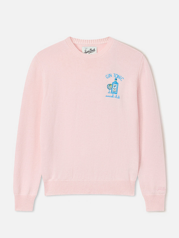 Pink New Queen wool and cashmere blend crewneck with Gin Tonic Social Club embroidery
