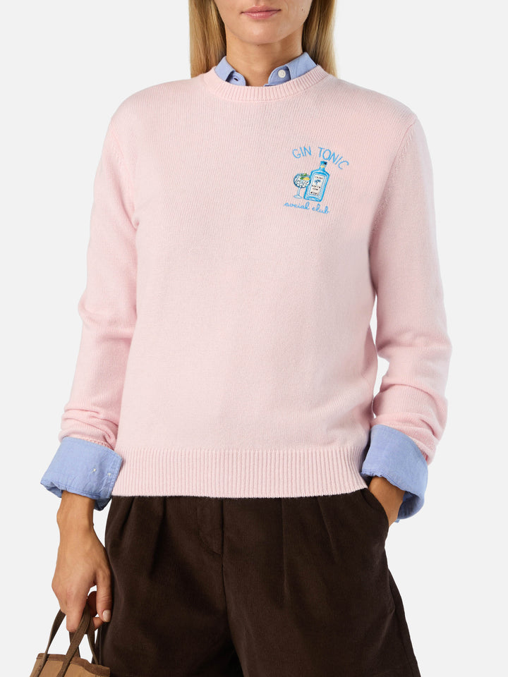 Pink New Queen wool and cashmere blend crewneck with Gin Tonic Social Club embroidery