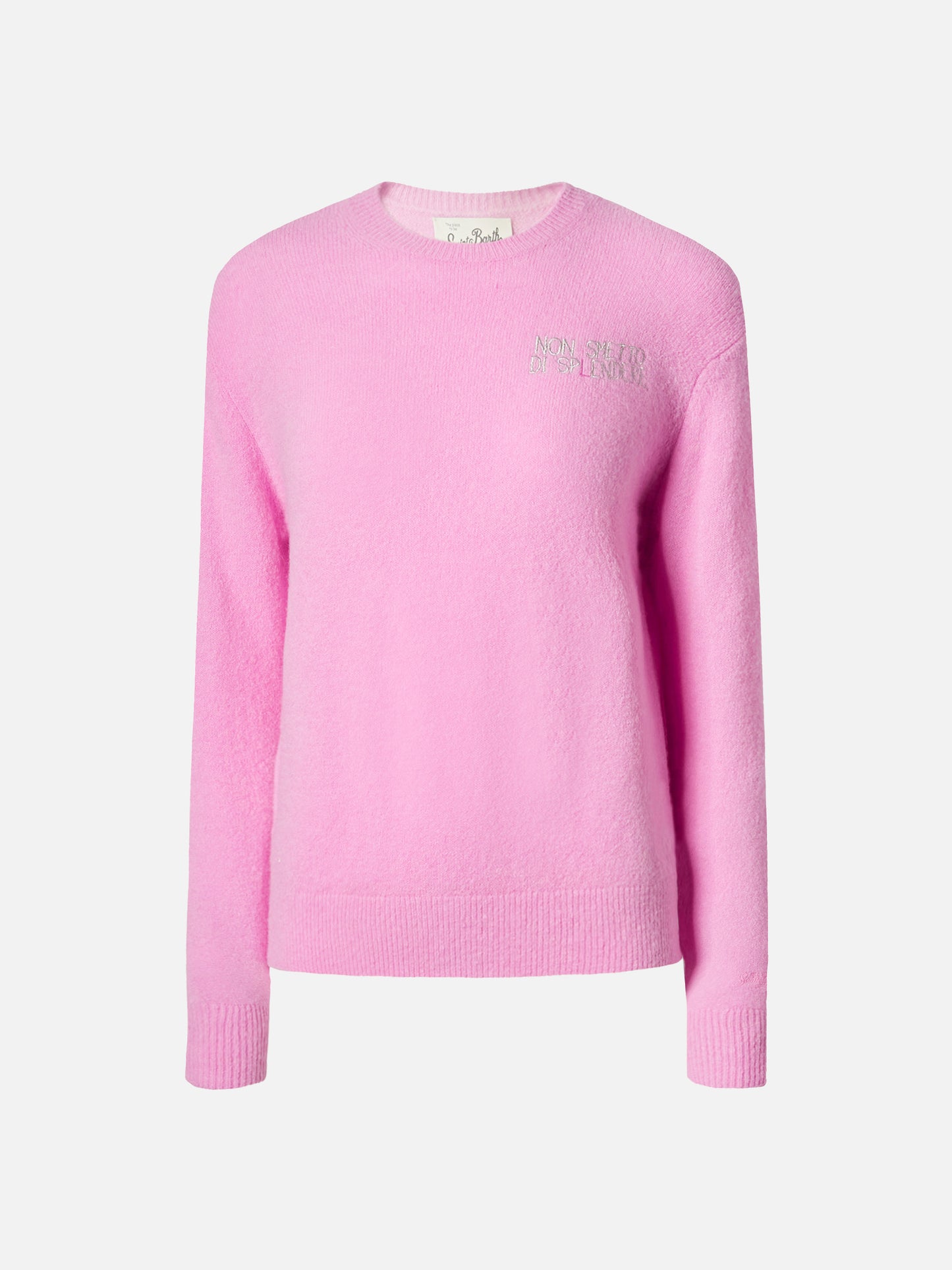 Neuer Queen Stretch-Pullover aus Merinowolle und Alpaka in Rosa mit Non smetto di sp(l)endere Stickerei
