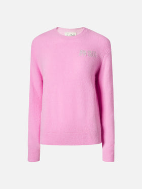 Neuer Queen Stretch-Pullover aus Merinowolle und Alpaka in Rosa mit Non smetto di sp(l)endere Stickerei
