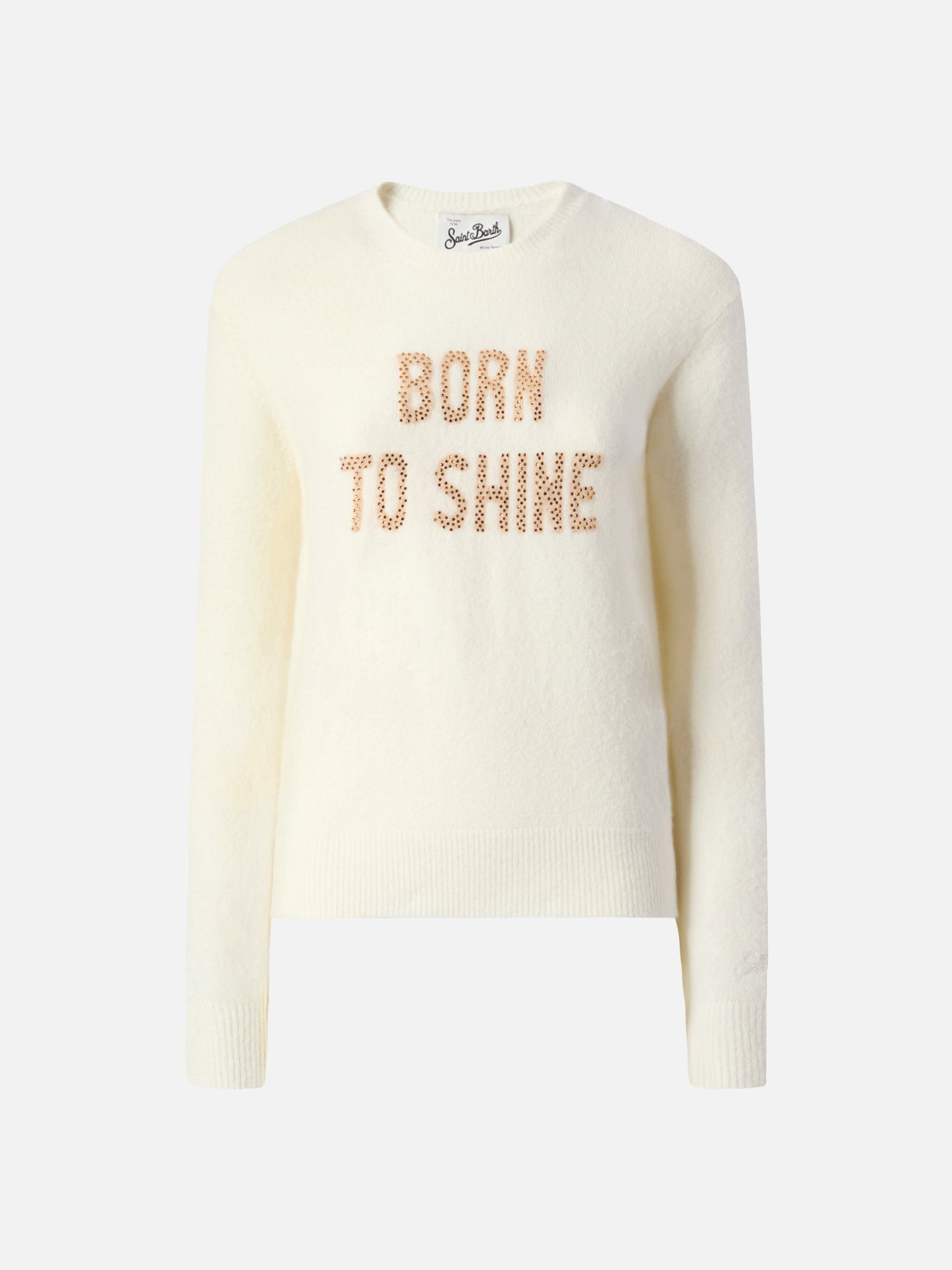 Maglia elasticizzata New Queen in misto lana merino e alpaca bianco con scritta applicata in strass Born to Shine
