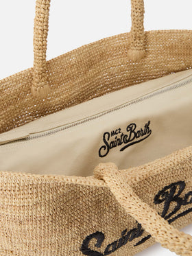 Bolso de playa de rafia con logo bordado en contraste negro 