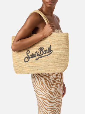 Bolso de playa de rafia con logo bordado en contraste negro 