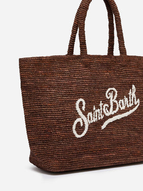 Sac de plage en raphia marron avec logo brodé contrasté 