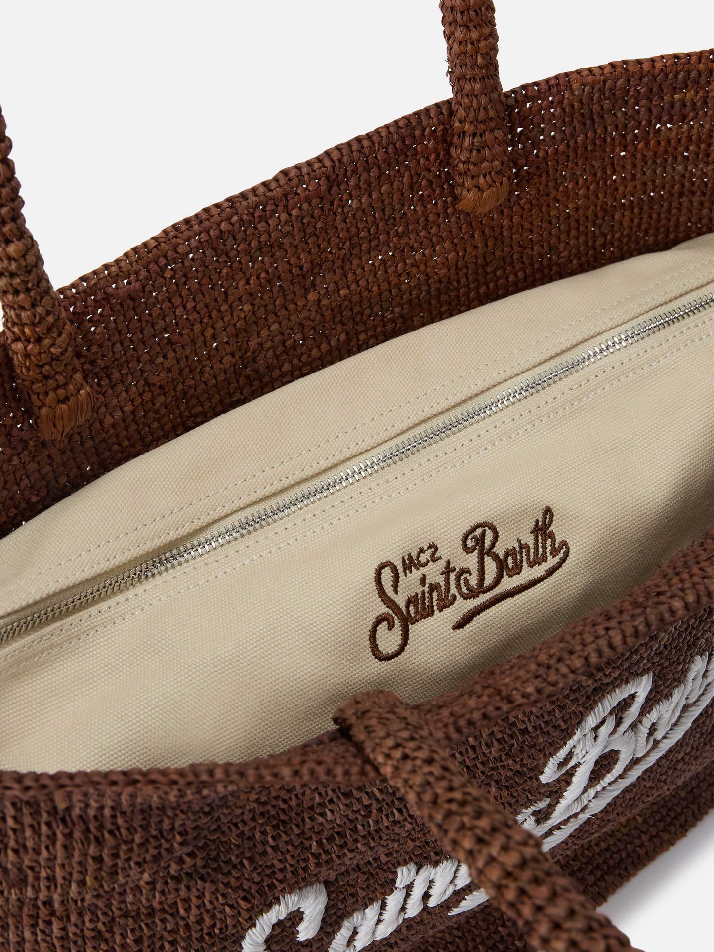 Sac de plage en raphia marron avec logo brodé contrasté 