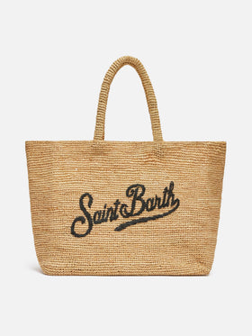 Bolso de playa de rafia con logo bordado en contraste negro 