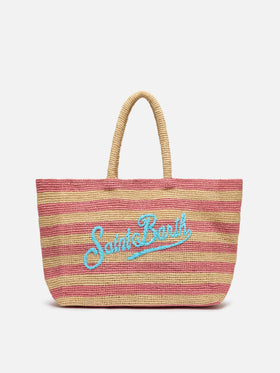 Rafia Beach Bag a righe rosa con pochette interna in cotone