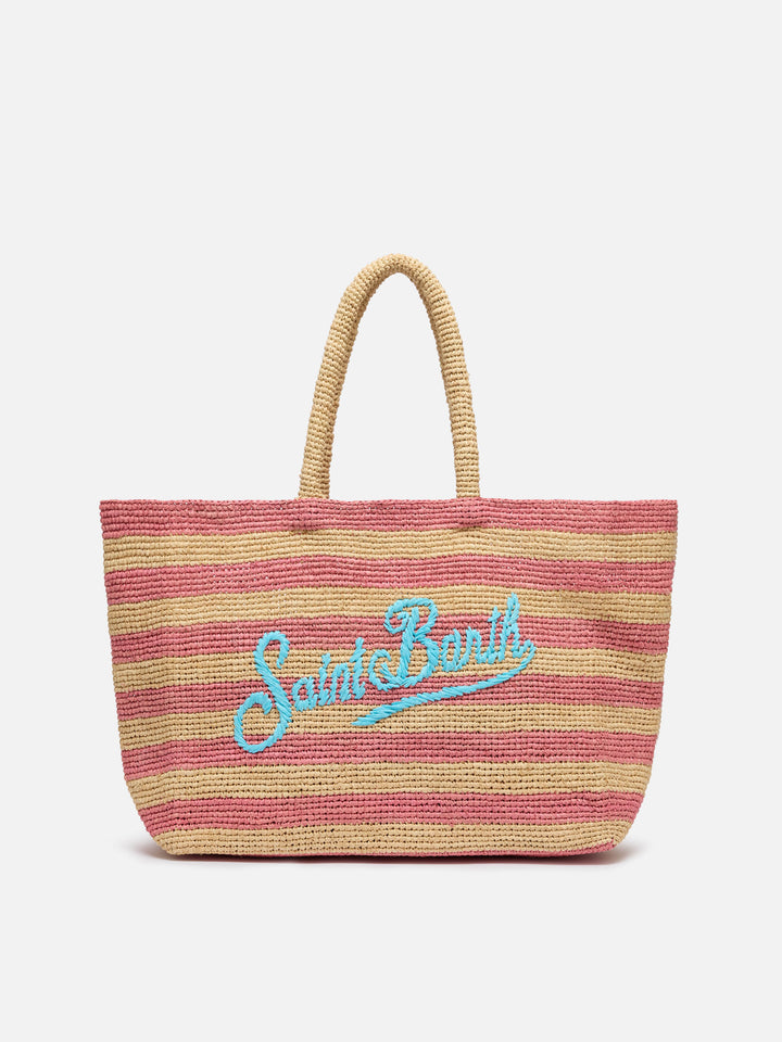 Pink striped Raffia Beach bag with cotton pouch