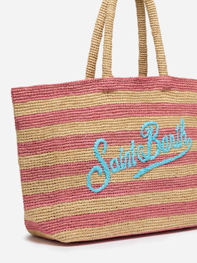 Rafia Beach Bag a righe rosa con pochette interna in cotone