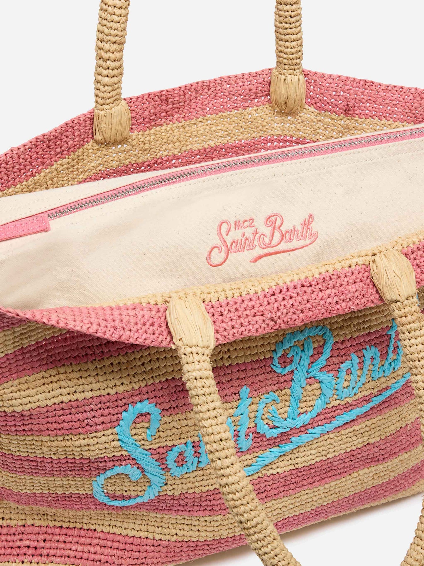 Rafia Beach Bag a righe rosa con pochette interna in cotone