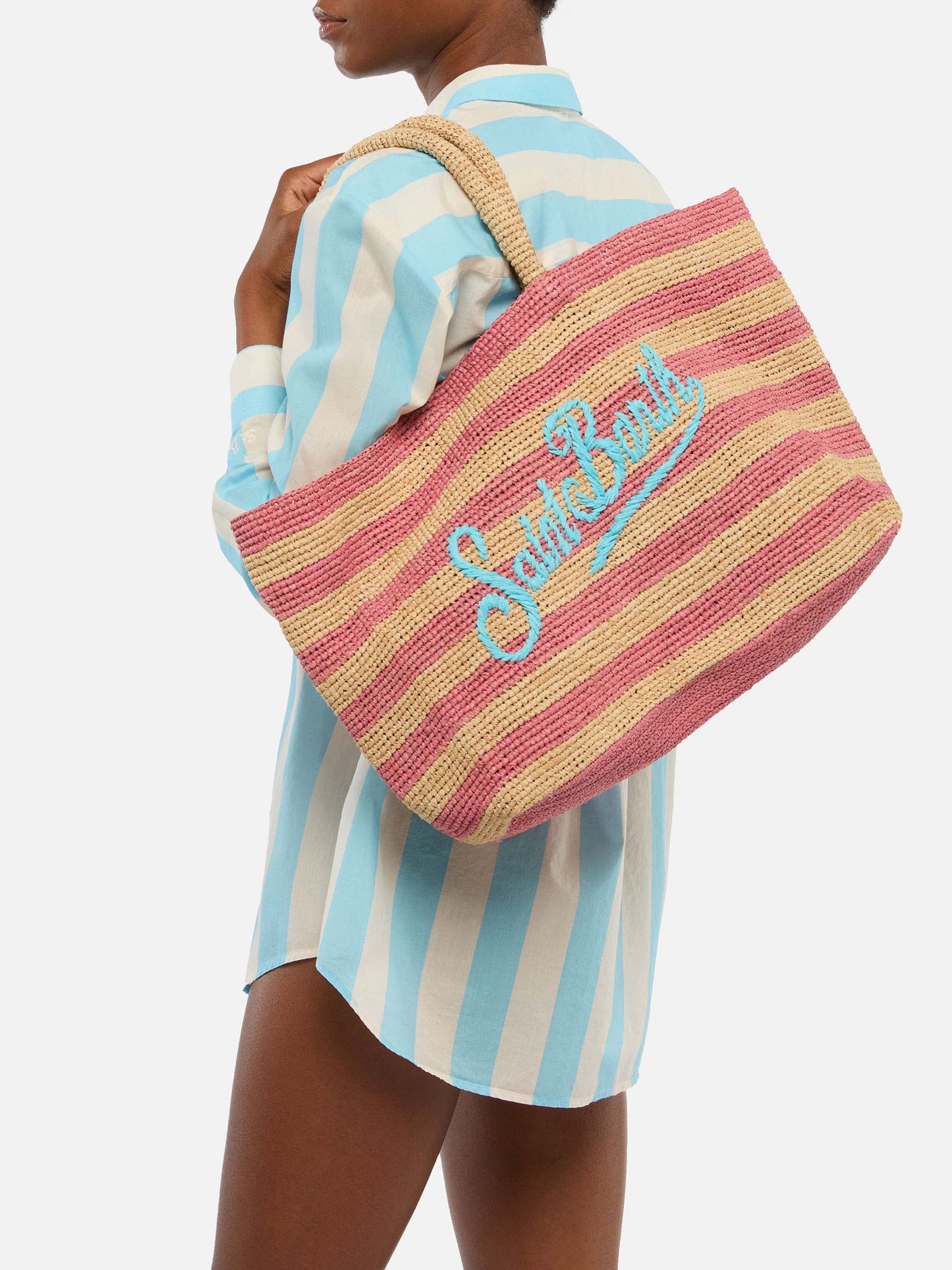 Rafia Beach Bag a righe rosa con pochette interna in cotone