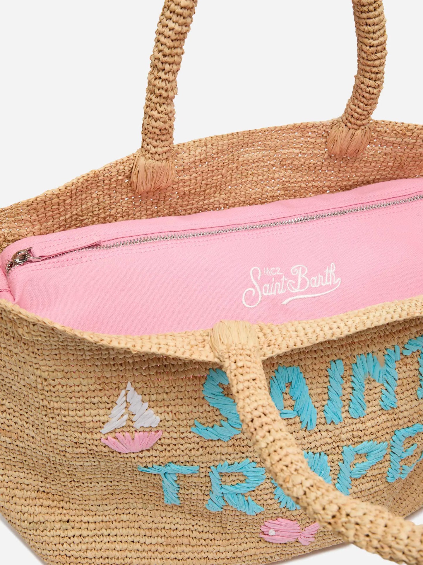 Beige Raffia Beach bag with cotton pouch and St. Tropez embroidery - MC2 Saint Barth
