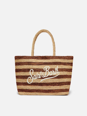 Strandtasche aus Raffiabast mit braunen Streifen und gesticktem Logo 