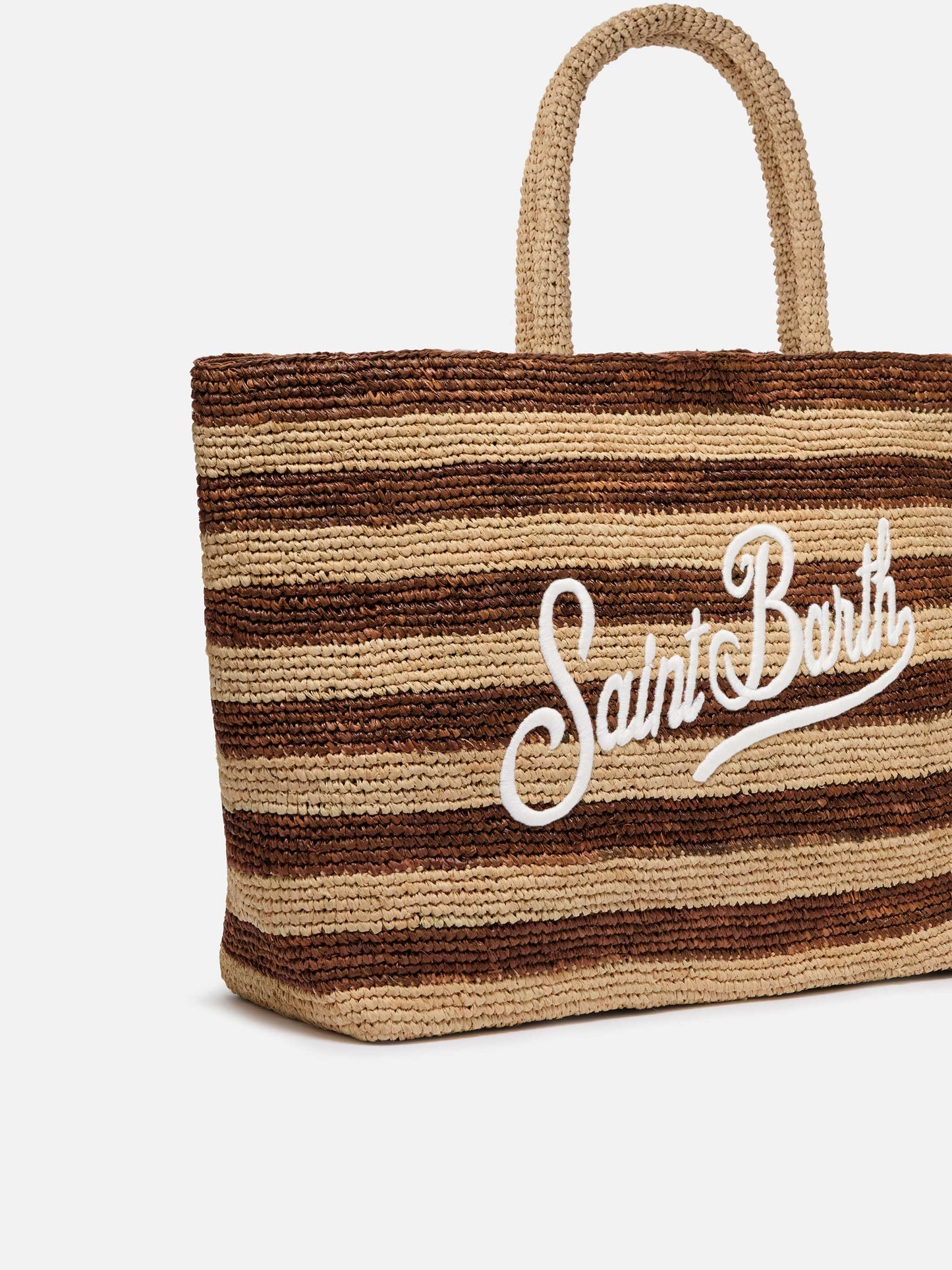 Strandtasche aus Raffiabast mit braunen Streifen und gesticktem Logo 