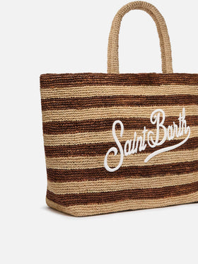 Strandtasche aus Raffiabast mit braunen Streifen und gesticktem Logo 