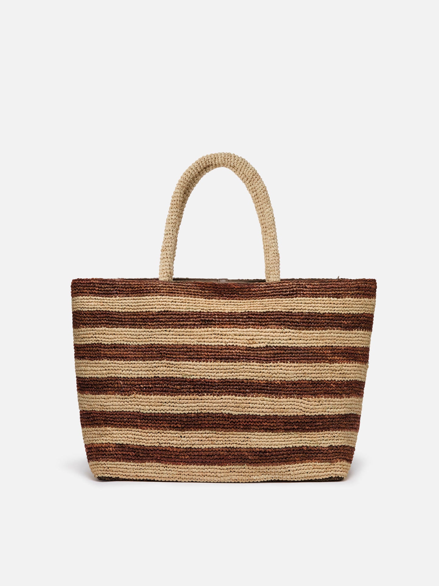 Strandtasche aus Raffiabast mit braunen Streifen und gesticktem Logo 