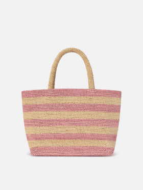 Medium Beach Basttasche aus Raffia mit rosa Streifen und gesticktem Logo 