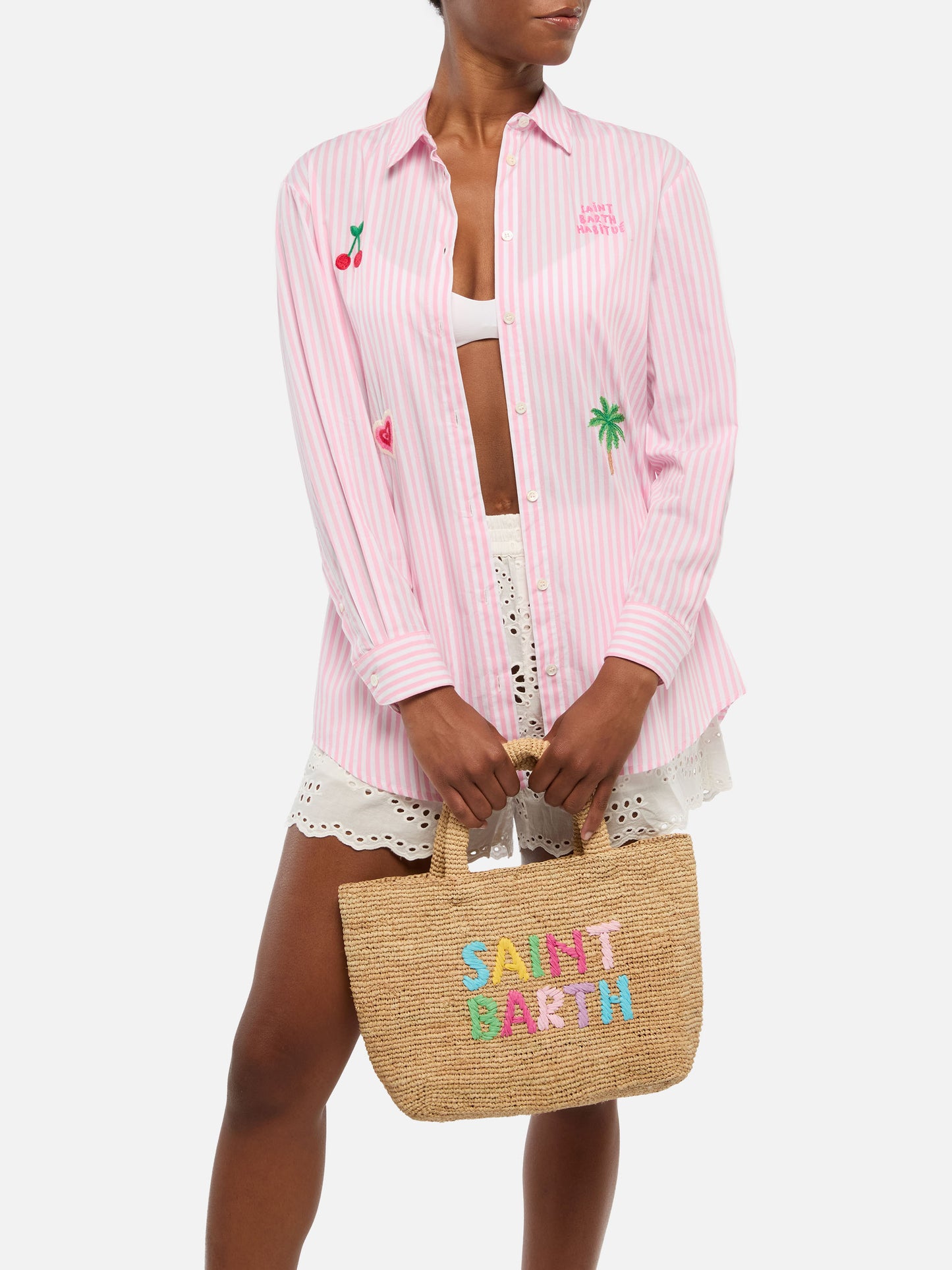 Beige Raffia Mid Beach Bag with cotton pouch