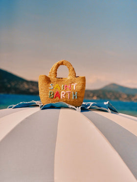 Mini bolso de playa de rafia con logo bordado multicolor 