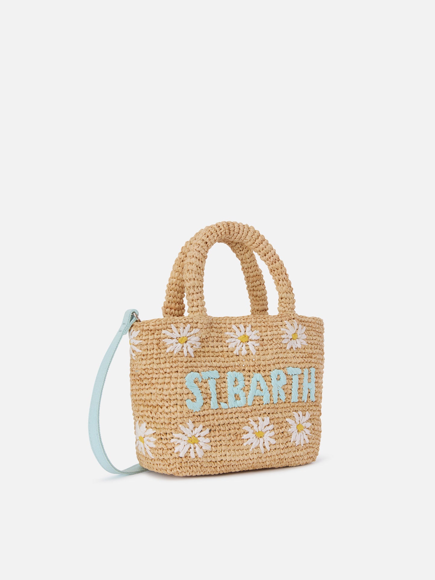 Beach mini raffia bag with embroidered daisies