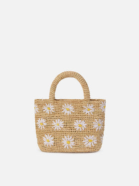 Beach mini raffia bag with embroidered daisies