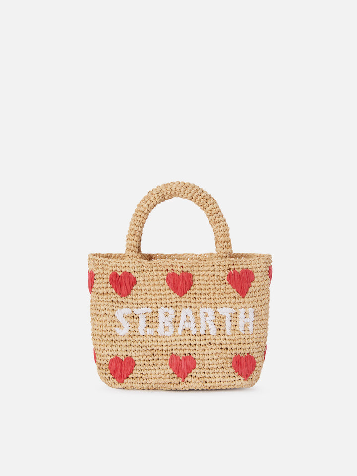 Mini sac de plage en raphia avec cœurs brodés 