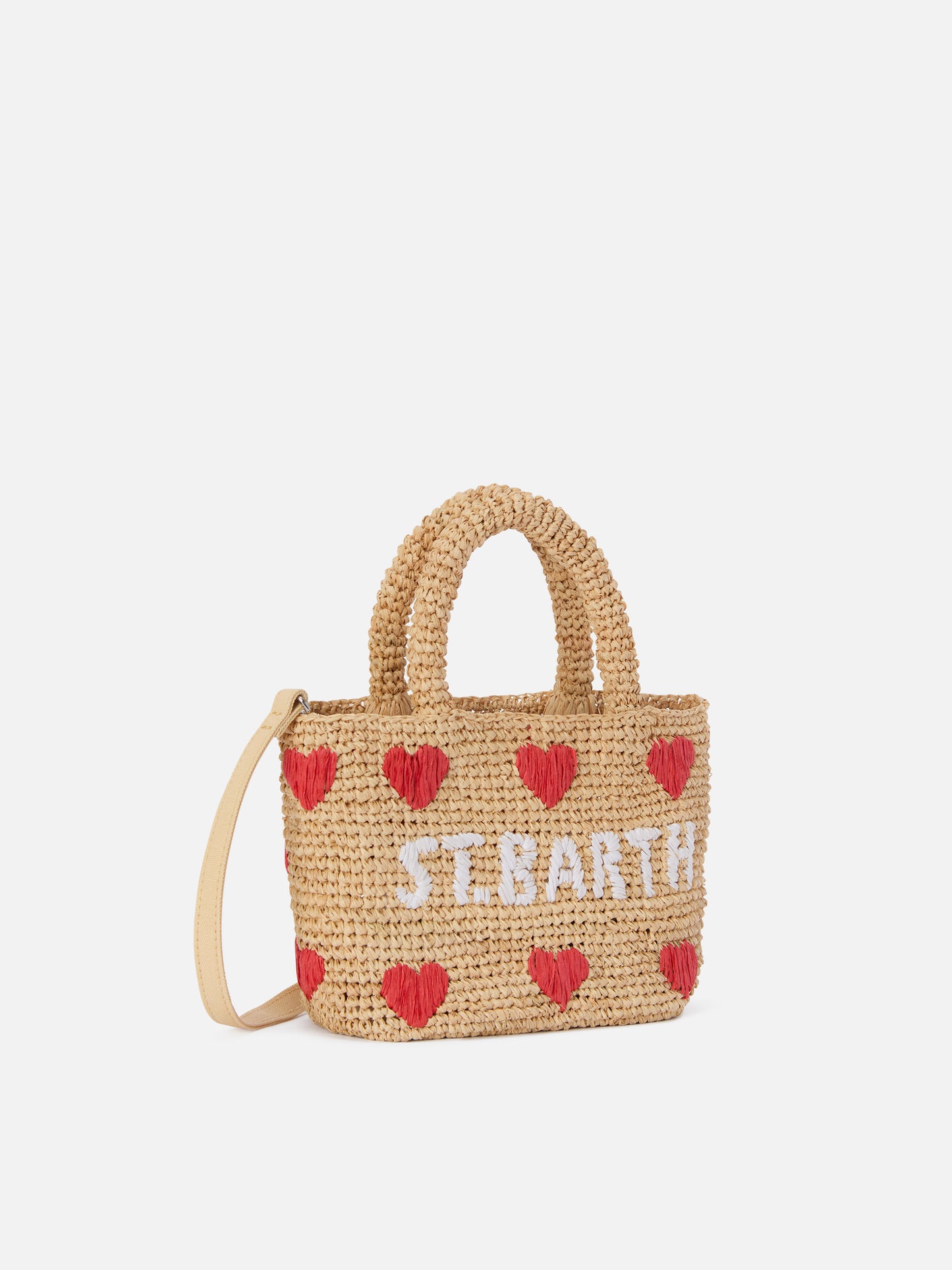 Beach mini raffia bag with embroidered hearts