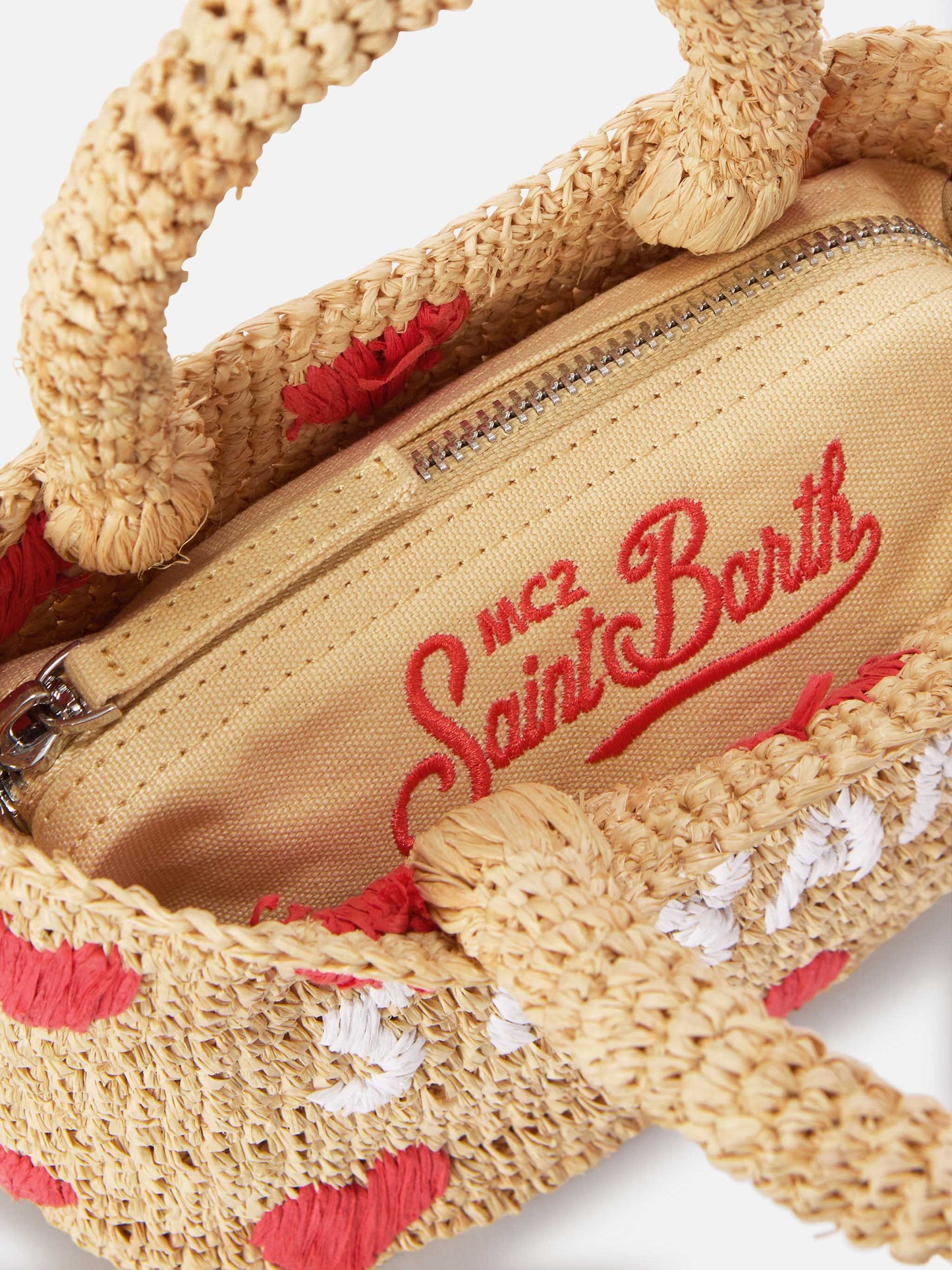Beach mini raffia bag with embroidered hearts