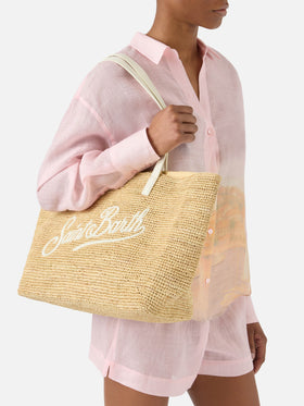 City raffia bag with contrasting ivory embroidered logo