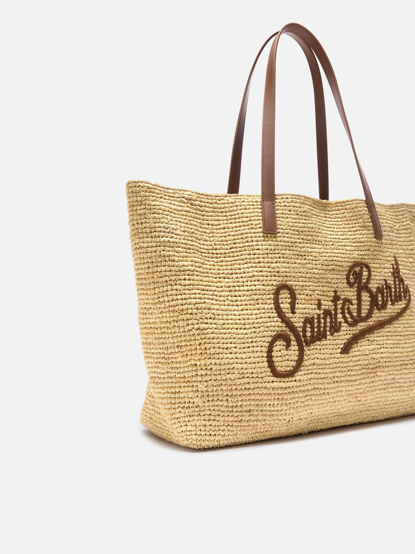 City raffia bag with genuine leather handles and embroidered logo