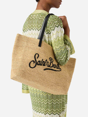 City raffia bag with contrasting black embroidered logo