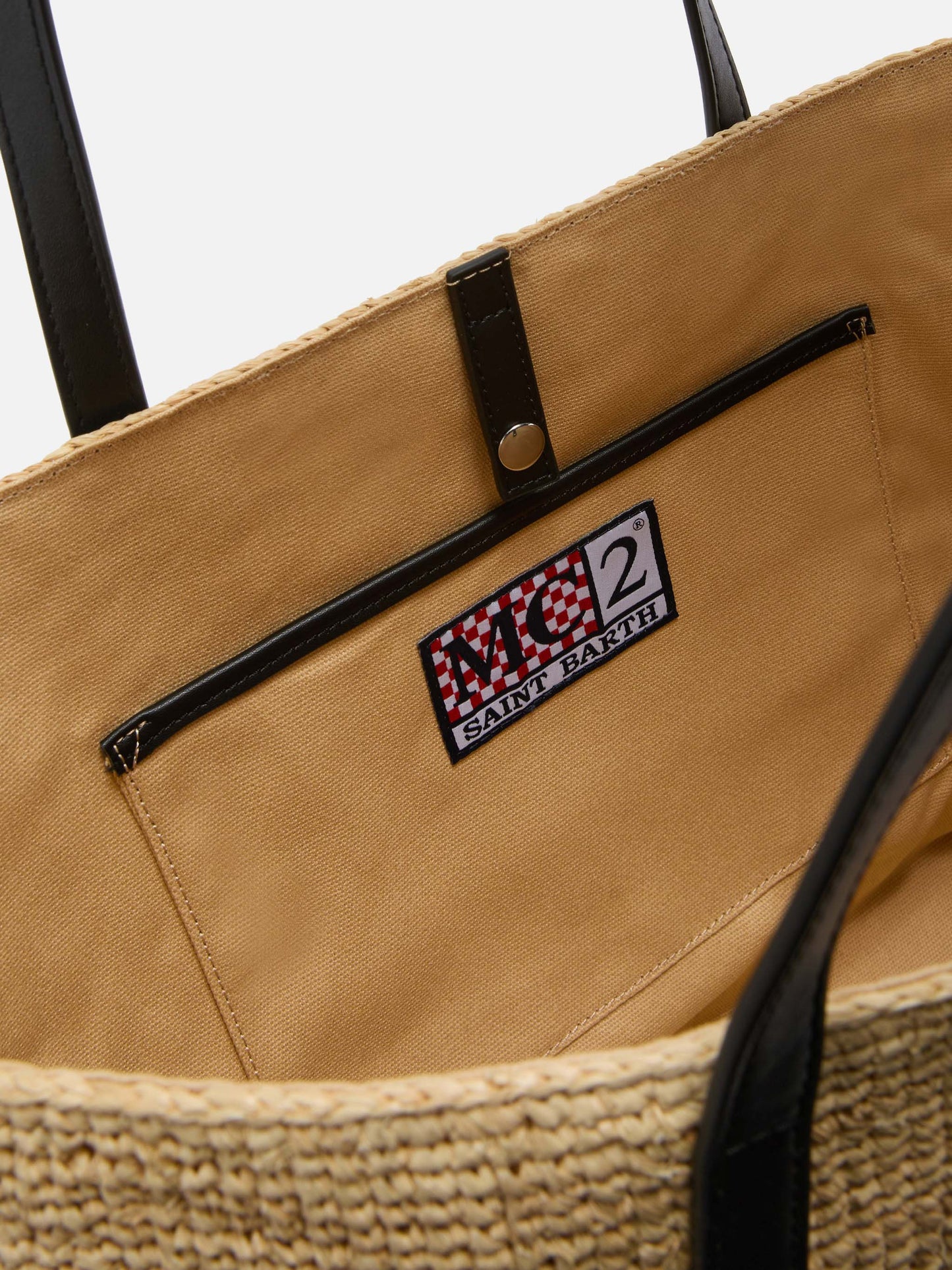 City raffia bag with contrasting black embroidered logo