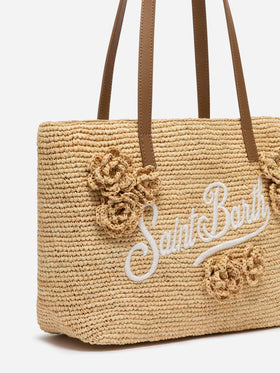 Beigefarbene Tasche City Mid aus Raffiabast mit Blumen-Applikationen