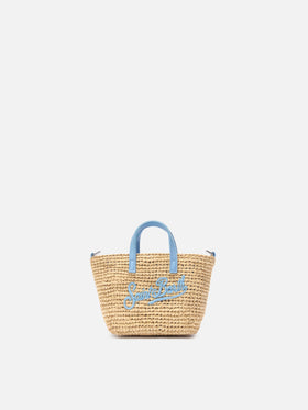 Micro City raffia bag with contrasting light blue embroidered logo