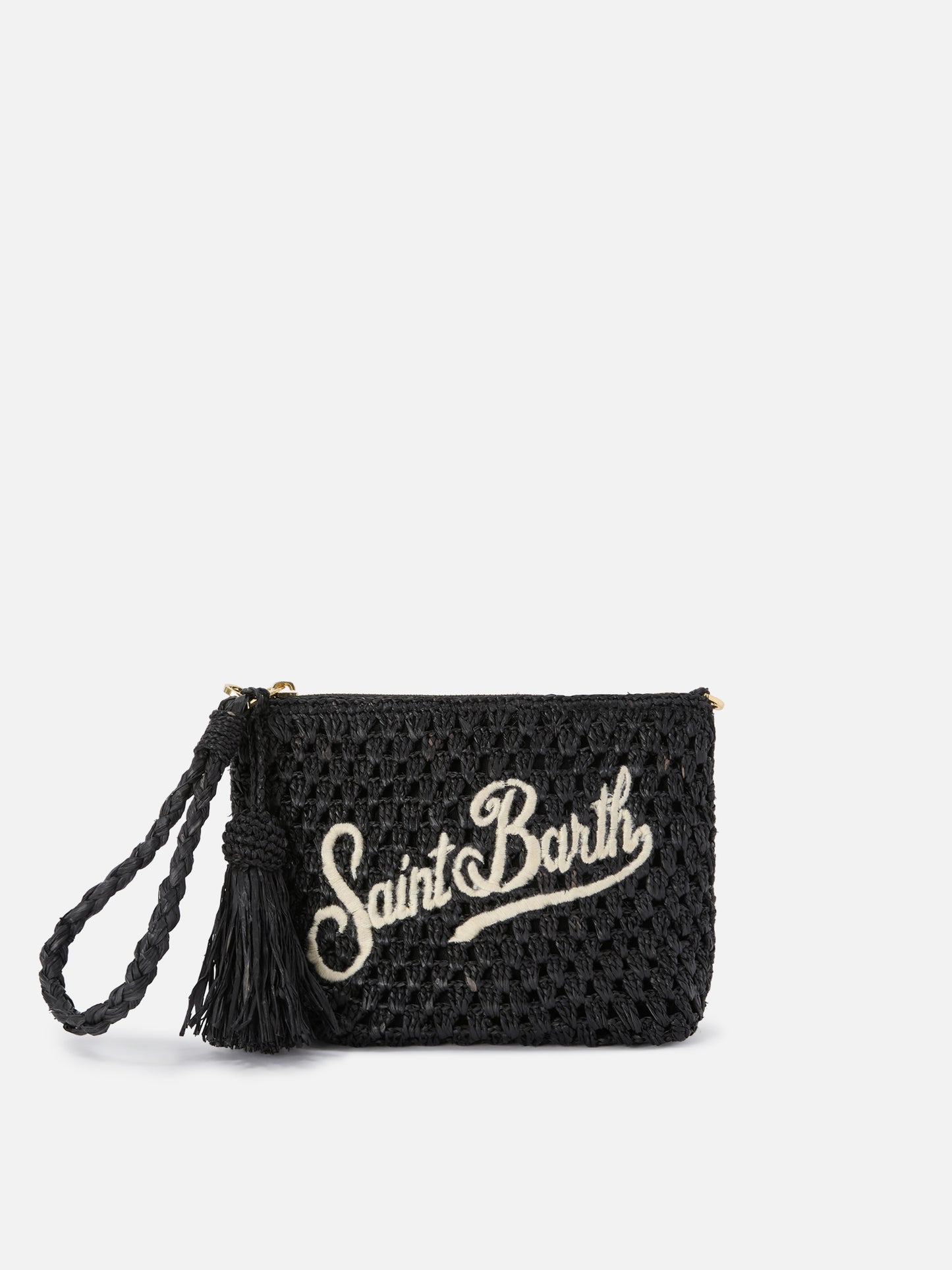 Pouch in rafia intrecciata nera con logo ricamato
