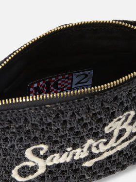 Pouch in rafia intrecciata nera con logo ricamato