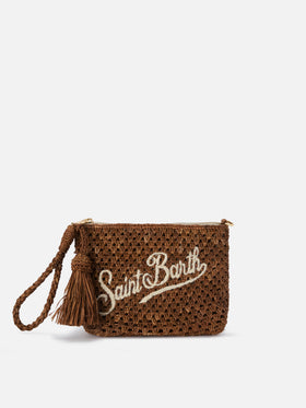 Pochette de rafia marrón con logo bordado 