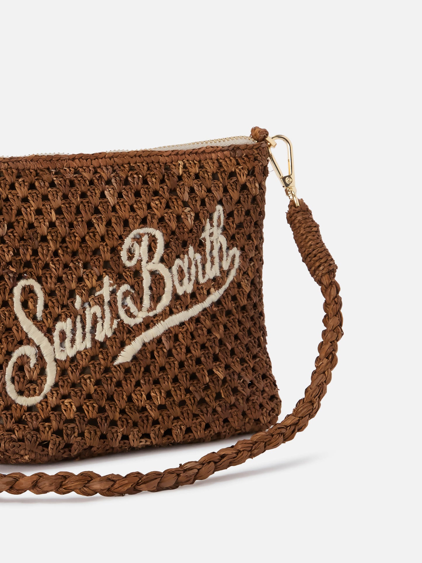 Pochette de rafia marrón con logo bordado 