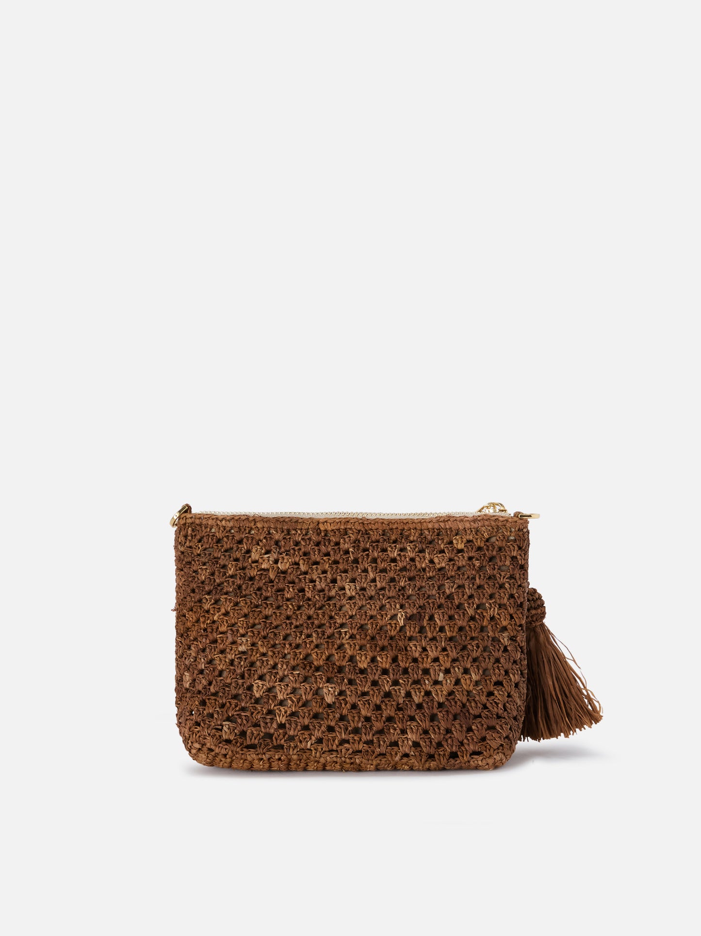 Pochette de rafia marrón con logo bordado 
