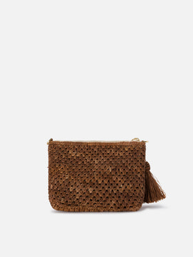 Pochette de rafia marrón con logo bordado 