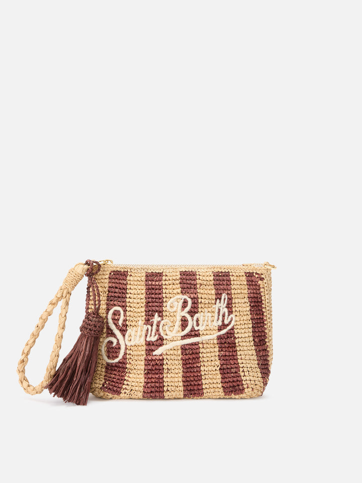 Pouch in rafia intrecciata a righe con logo ricamato