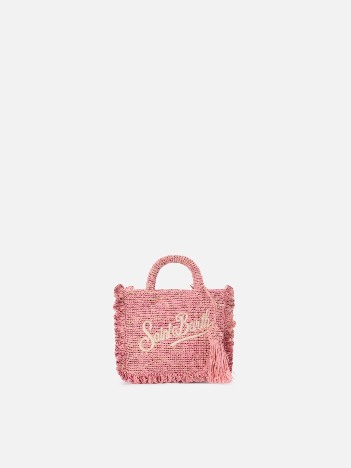 Borsa Volant Mini in raffia rosa con logo ricamato