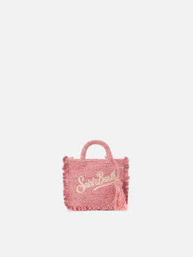 Borsa Volant Mini in raffia rosa con logo ricamato